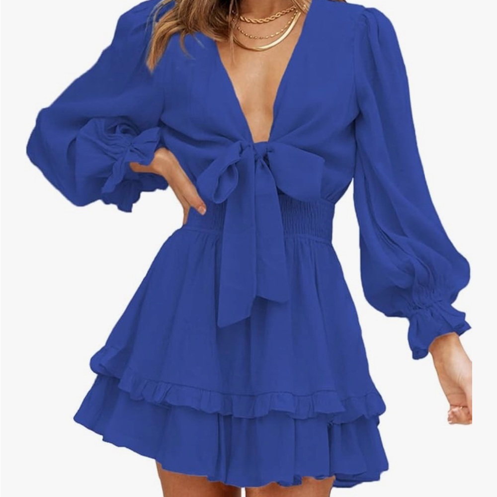 NWOT AlvaQ V-neck Ruffles Swing Blue Mini Dress